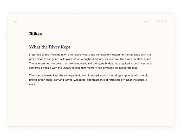 Riikee writing editor showing a draft titled What the River Kept